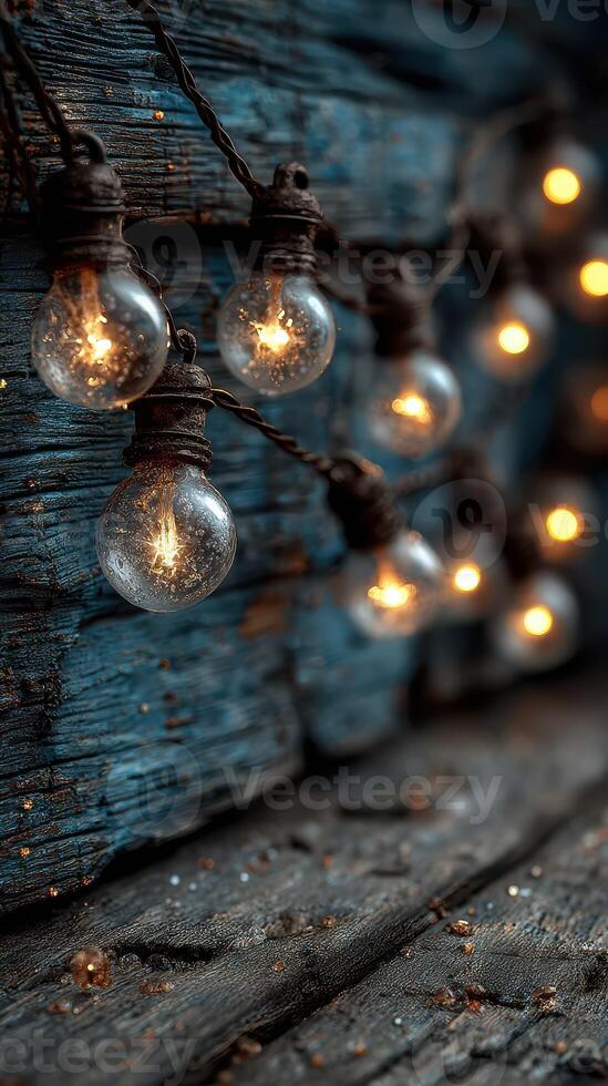 Decorative string lights illuminate a rustic wooden wall with a vintage charm in a cozy evening setting photo