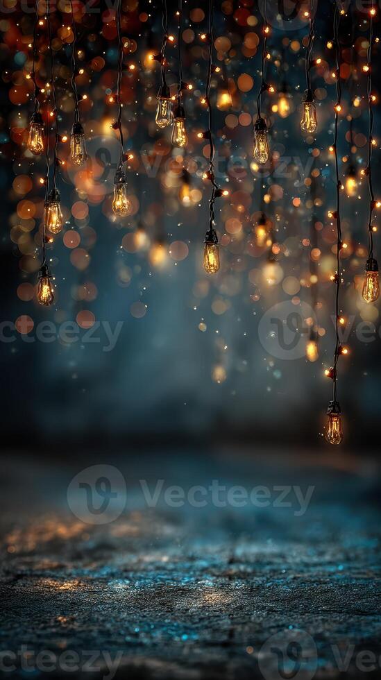 Twinkling lights hanging against a dreamy backdrop create a magical ambiance at dusk, evoking a festive atmosphere photo