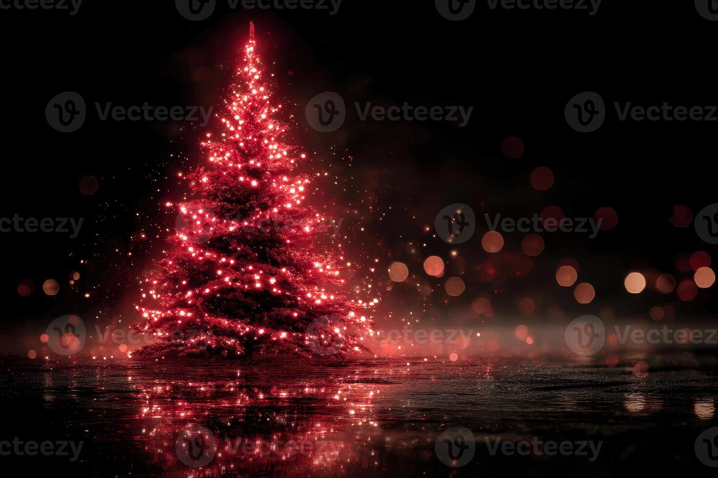 Beautifully illuminated red Christmas tree shining brightly against a dark background photo