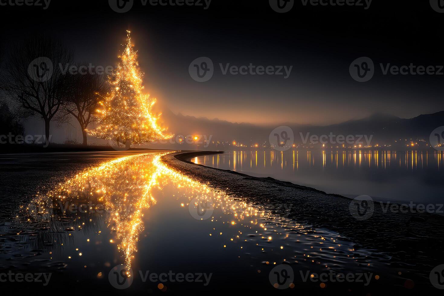 Sparkling Christmas tree reflects on calm water at twilight near serene lakeside with festive lights glowing photo