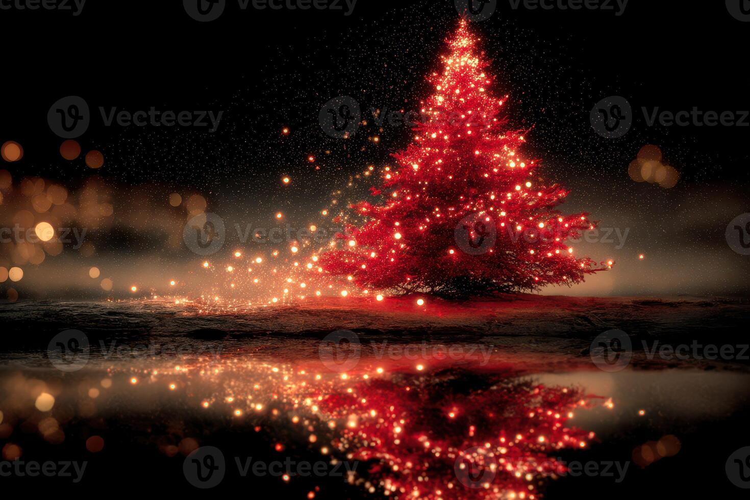 Brightly lit Christmas tree with glowing lights reflecting in water at night photo