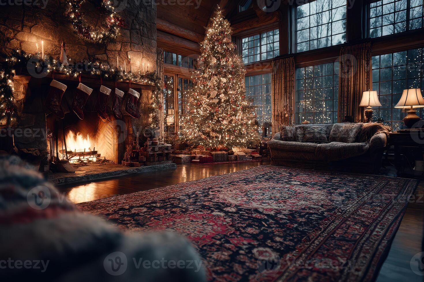 Cozy winter evening in a festive living room with a decorated Christmas tree and glowing fireplace photo