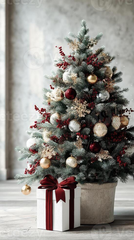 Beautifully decorated Christmas tree with ornaments, berries, and wrapped gift in stylish indoor setting during the holiday season photo