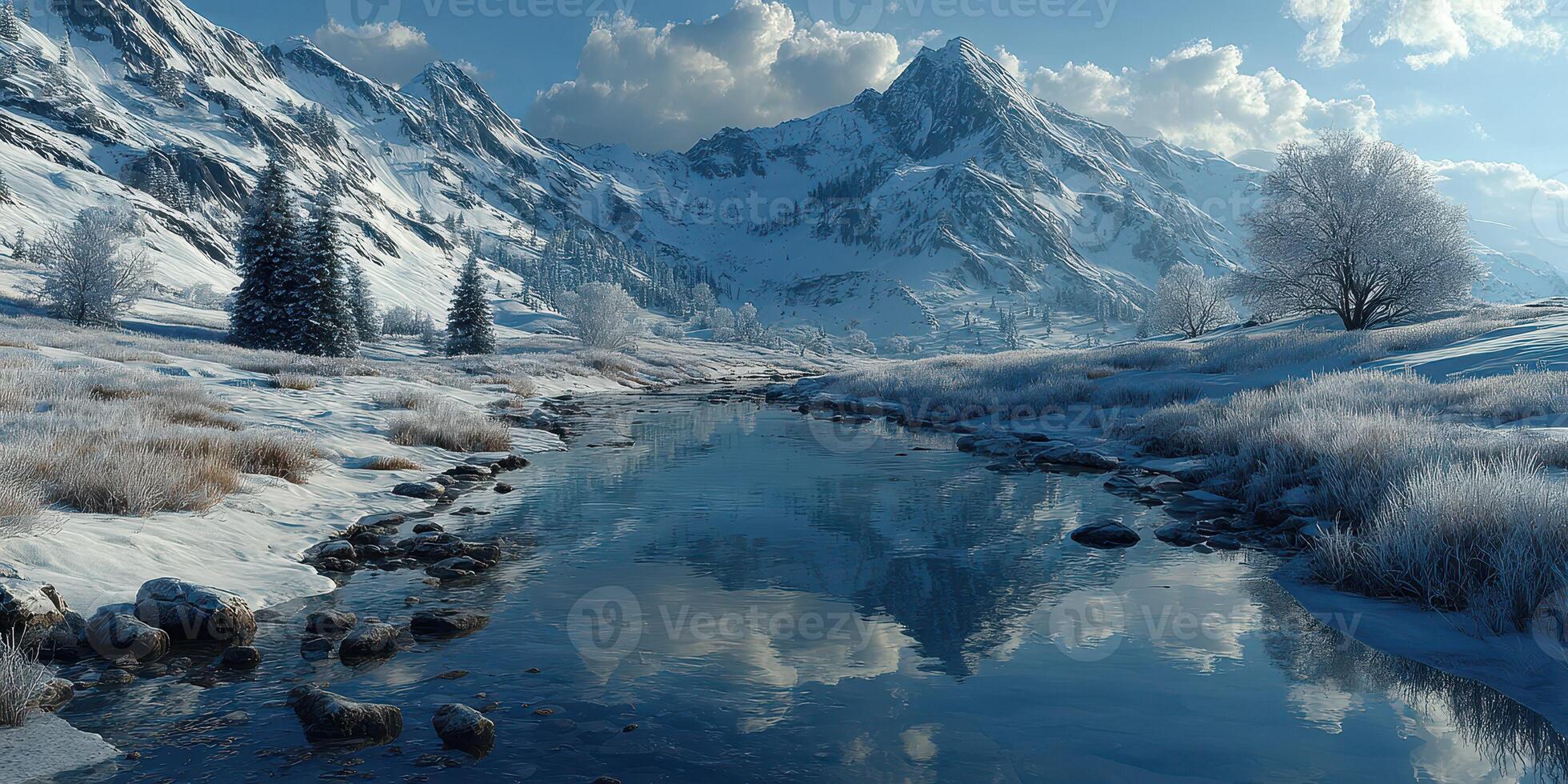 Winter landscape features snow-covered mountains and a calm river reflecting the sky in a serene natural setting during daylight photo