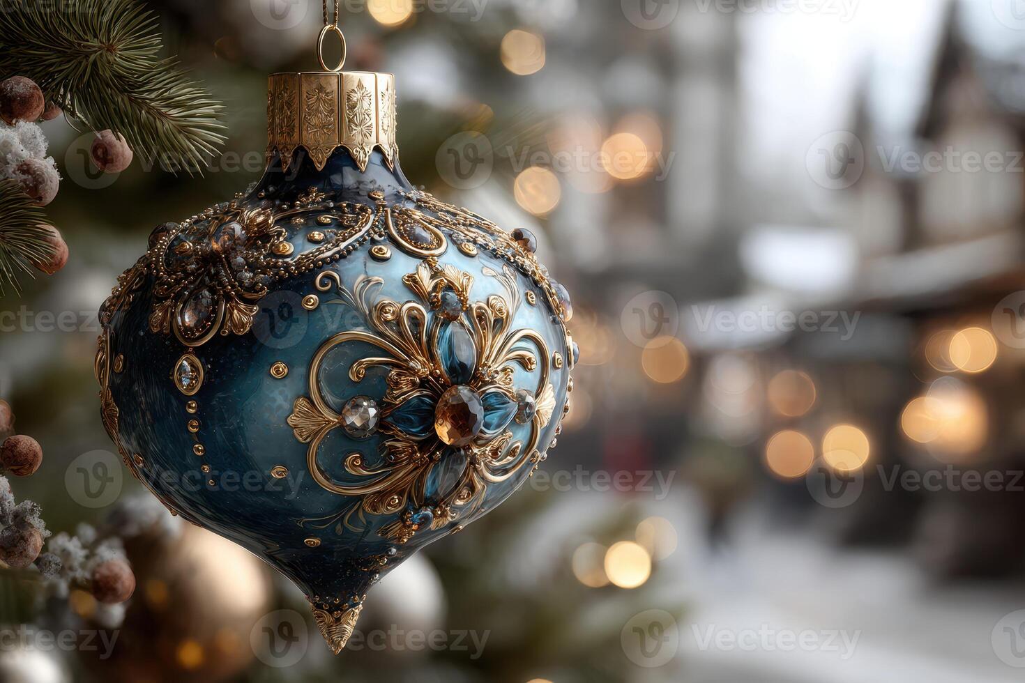 Decorative blue ornament hangs on a Christmas tree in a snowy town square with blurred festive lights in the background photo