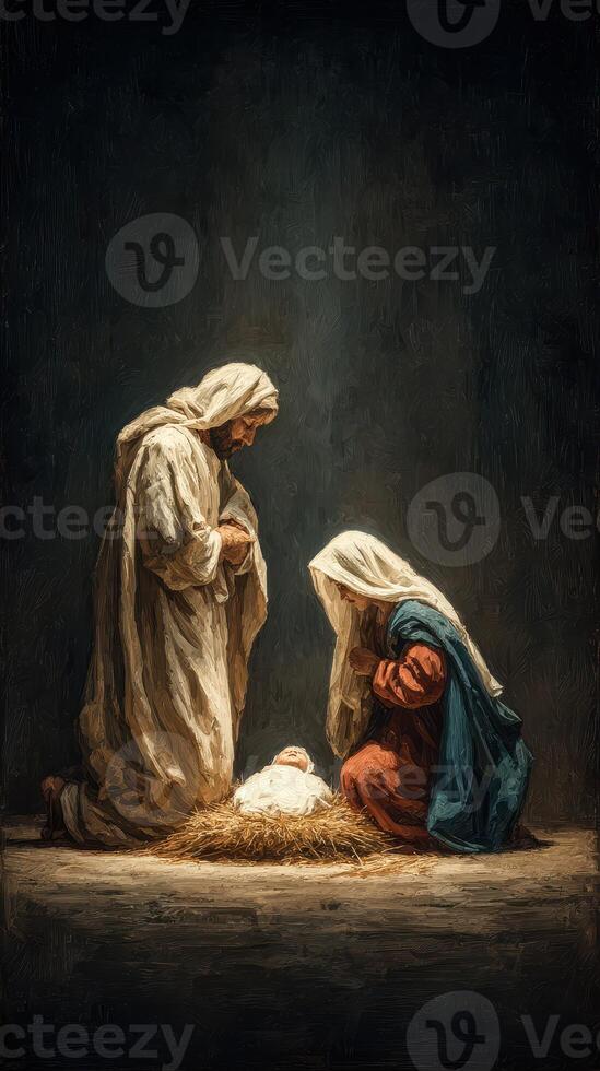 Nativity scene depicting Mary, Joseph, and the infant Jesus in a serene setting photo