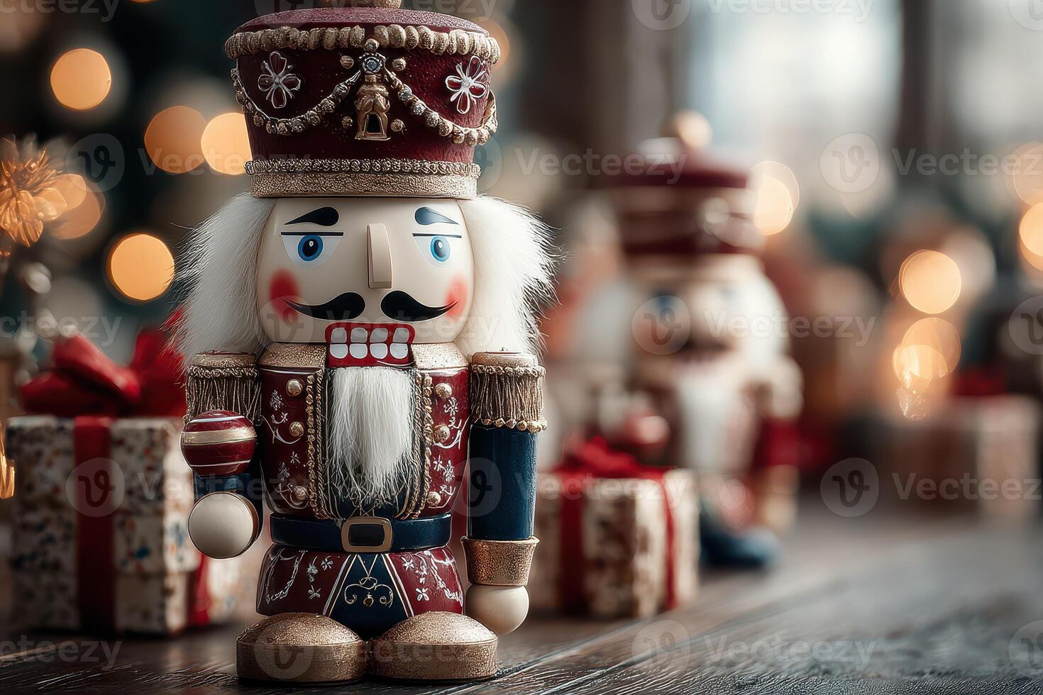 Nutcracker figurines surrounded by wrapped presents create a festive atmosphere in a cozy holiday setting photo