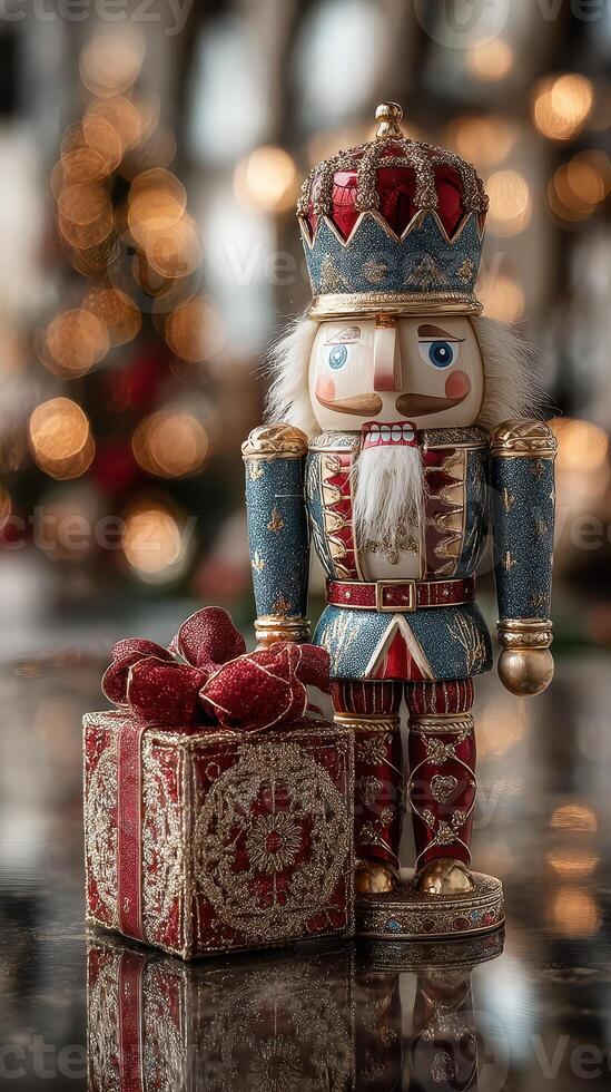 Nutcracker figurine stands beside a beautifully wrapped gift with festive bokeh background during the holiday season photo