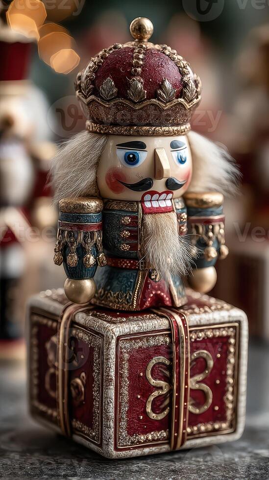 Colorful nutcracker figurine sits atop a decorated gift box in a festive winter setting photo