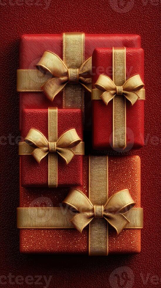 Festive red and gold gift boxes arranged on a textured surface ready for celebration during holiday season photo