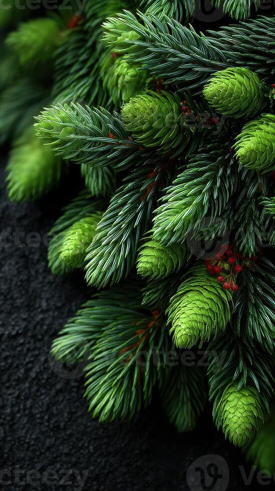 Close-up of lush evergreen branches showcasing vibrant green needles and cones against a dark background photo