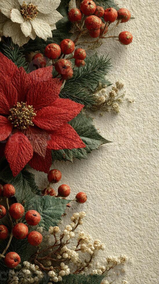 Colorful poinsettias and seasonal berries create a festive arrangement on textured paper backdrop photo