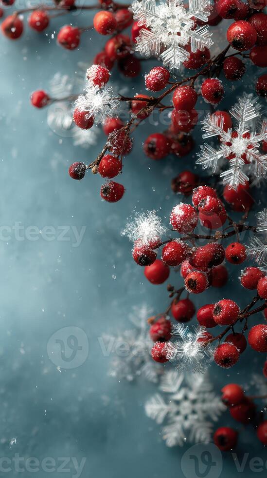 Beautiful arrangement of red berries and snowflakes on a blue background creating a winter atmosphere photo