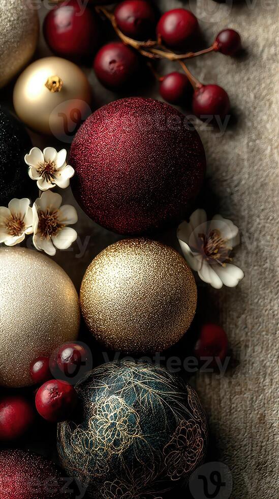 Decorative ornaments and flowers arranged on a wooden surface for festive celebration photo