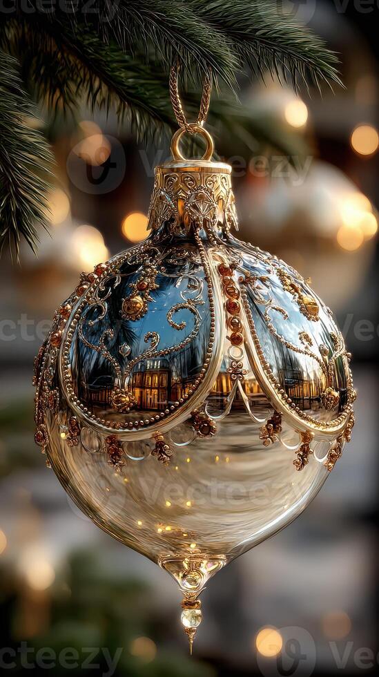 Decoratively designed glass ornament capturing a festive atmosphere during winter celebrations photo