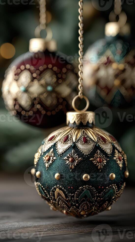 Beautifully decorated holiday ornaments hanging from a tree branch in a warm and inviting setting photo