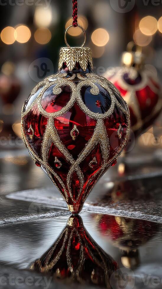 Intricate red glass ornament reflecting warm holiday lights in a festive setting photo