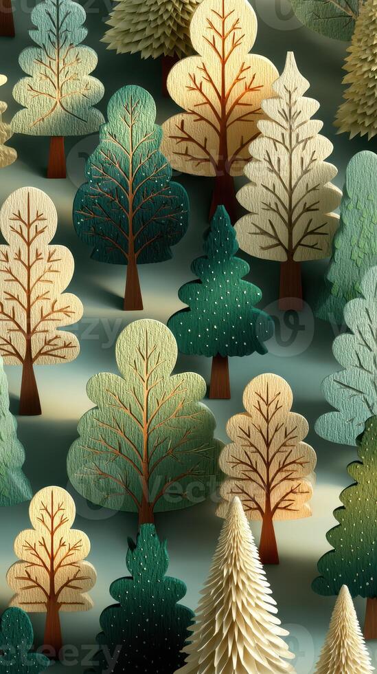 Decorative paper trees arranged in various shapes and colors on a soft blue background photo