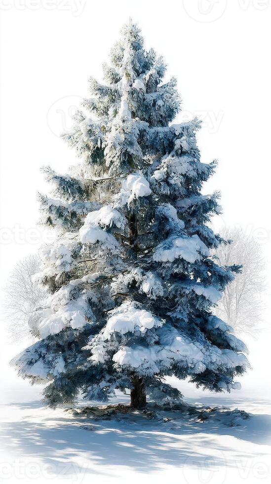 Snow-covered evergreen tree in winter landscape under soft sunlight with frosted ground at dawn photo