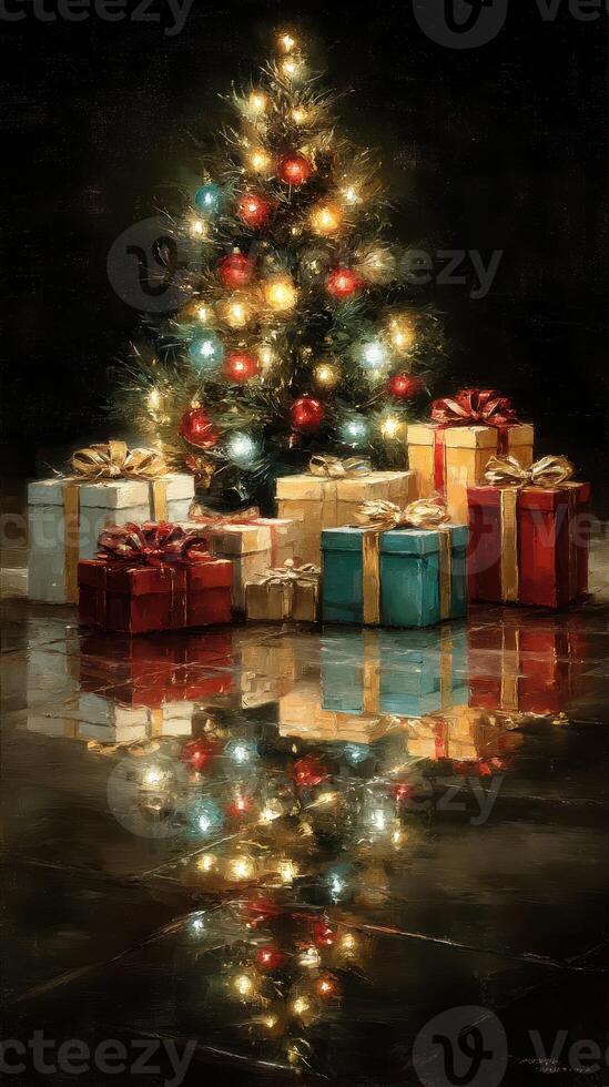 Christmas tree adorned with lights and presents creating a festive atmosphere in a cozy indoor setting photo