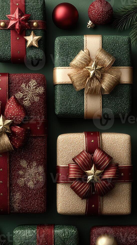 Christmas presents arranged with decorative bows and ornaments in festive colors on a dark green background photo