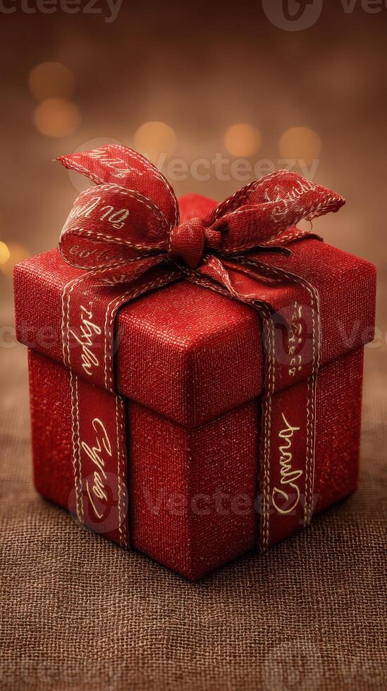 Festive red gift box with ribbon sits elegantly on a textured surface during the holiday season photo