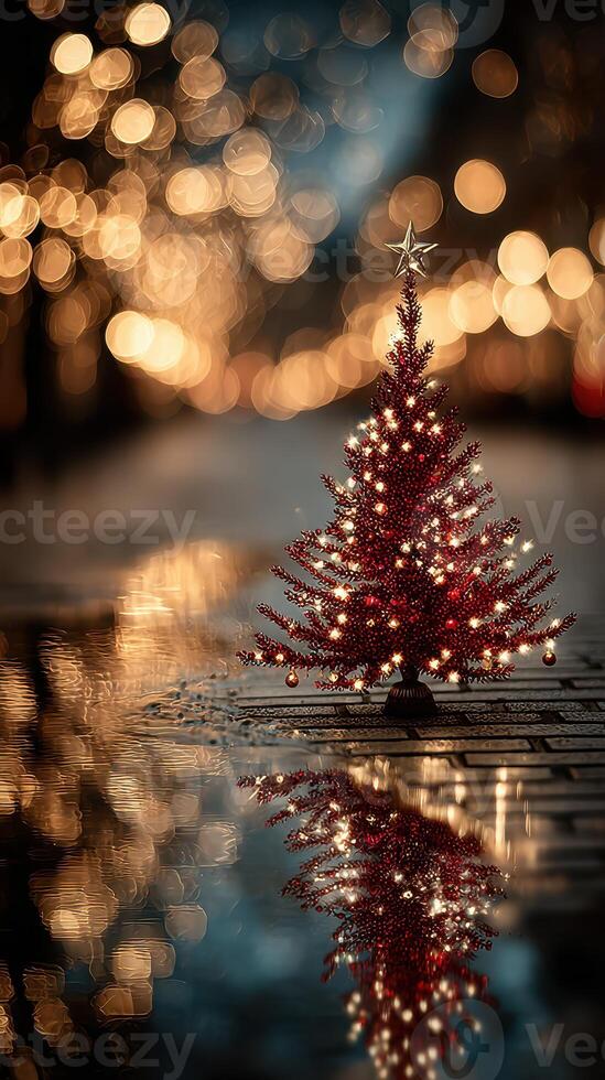 Christmas tree adorned with lights reflecting in puddles on a festive, illuminated street at night photo