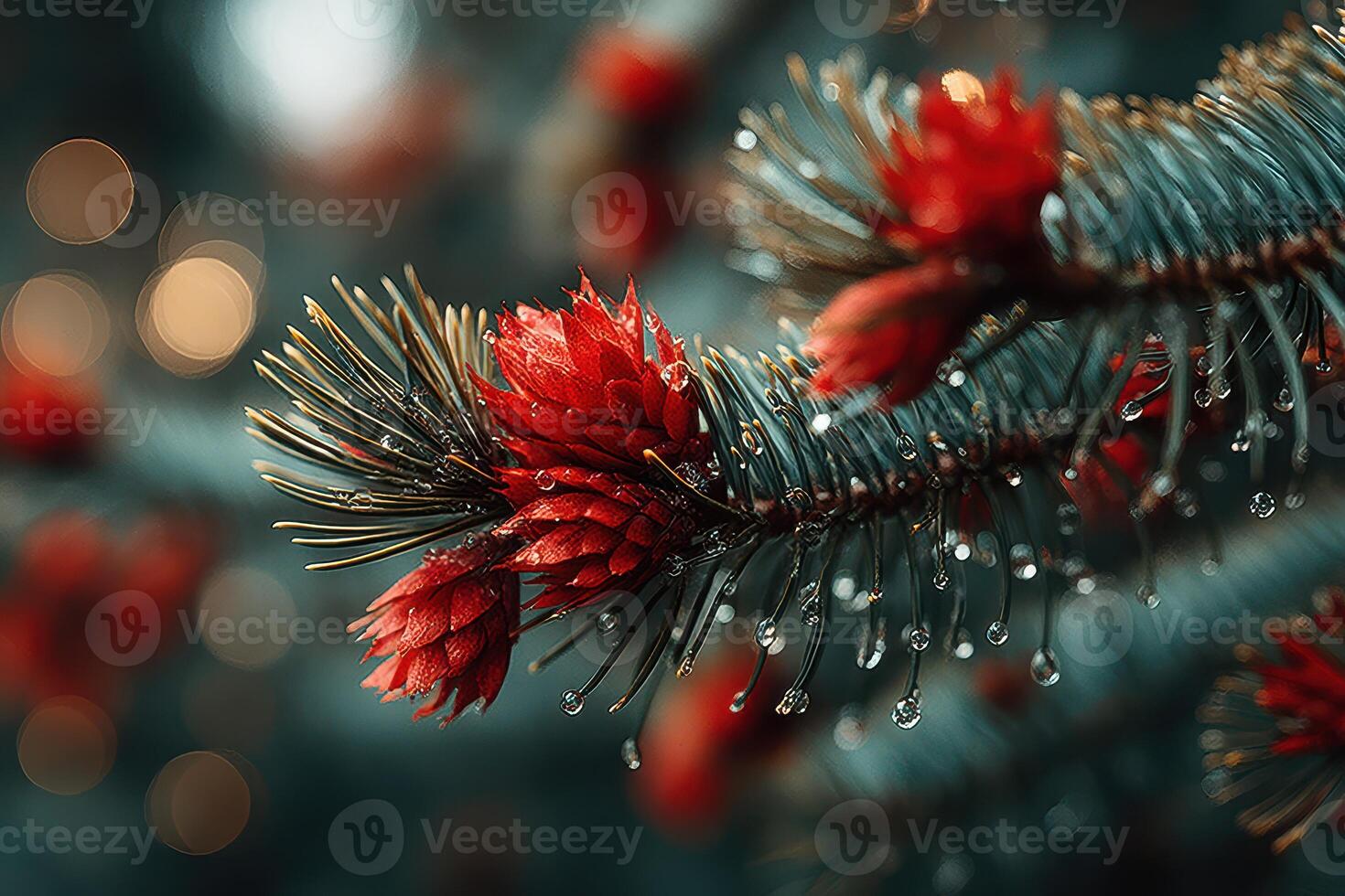 Close-up view of pine tree branches with bright red cones and dewdrops in a serene forest setting at dawn photo