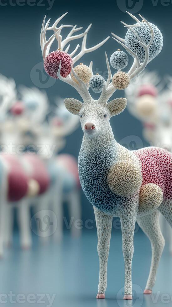 Unique artistic representation of a deer with colorful textured spheres in a whimsical setting photo