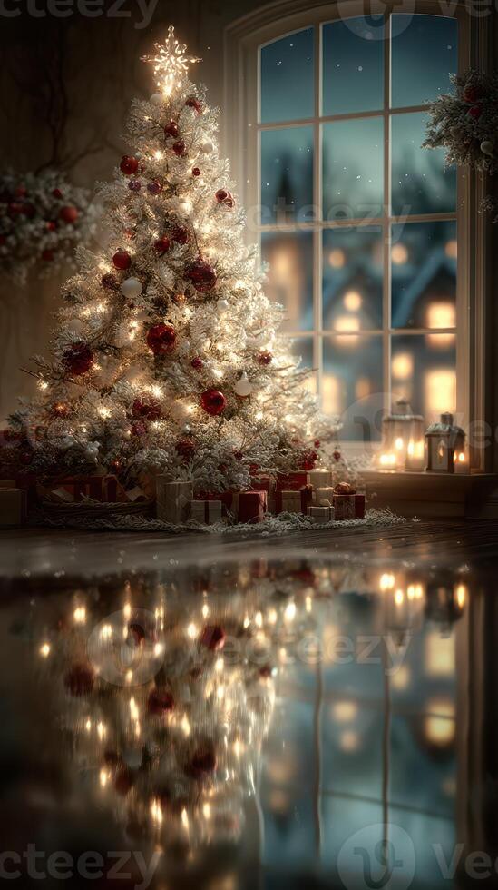 Beautiful Christmas tree adorned with lights and ornaments in a cozy room during winter night photo