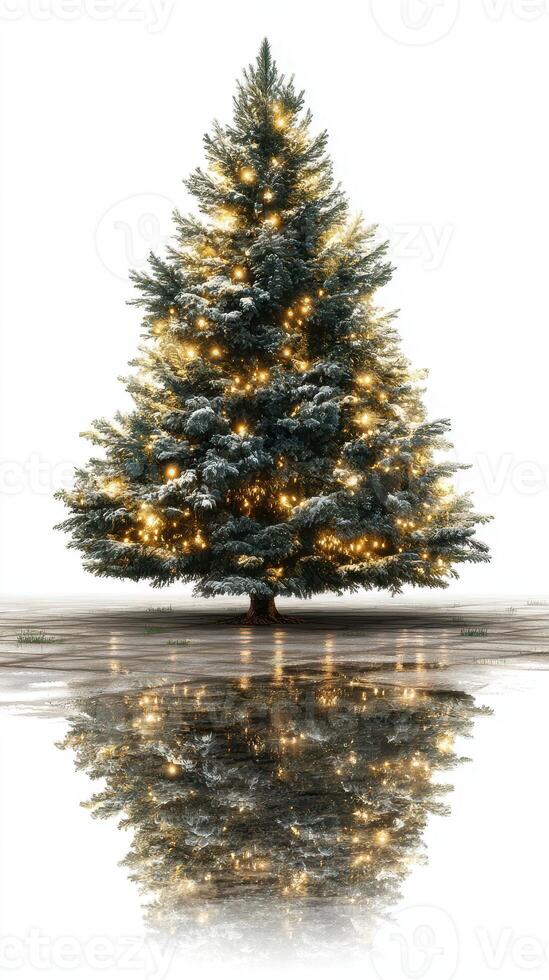 Snowy Christmas tree with warm lights reflecting on icy ground during winter morning photo