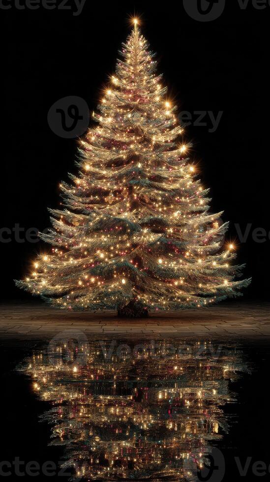 Warmly lit Christmas tree glowing in darkness with mirrored reflection on smooth surface during holiday season photo