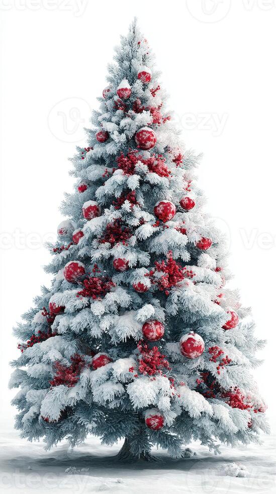 Christmas tree decorated with red ornaments and berries in a winter wonderland setting photo