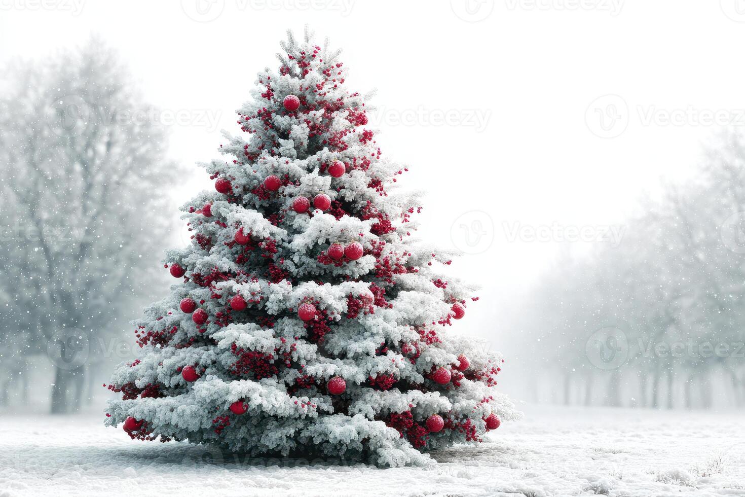 Winter landscape featuring a snow-covered Christmas tree adorned with red ornaments in a serene park photo