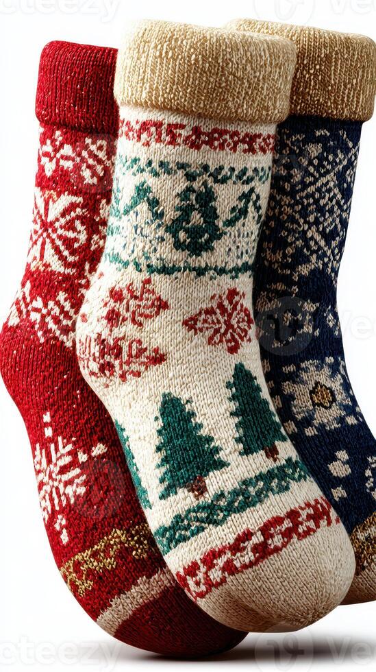 Colorful knitted holiday socks in festive patterns displayed together for winter decoration and cozy vibes photo
