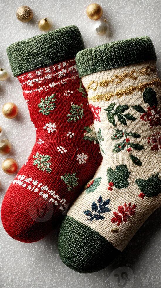 Christmas stockings decorated with festive designs on a textured surface surrounded by ornaments photo