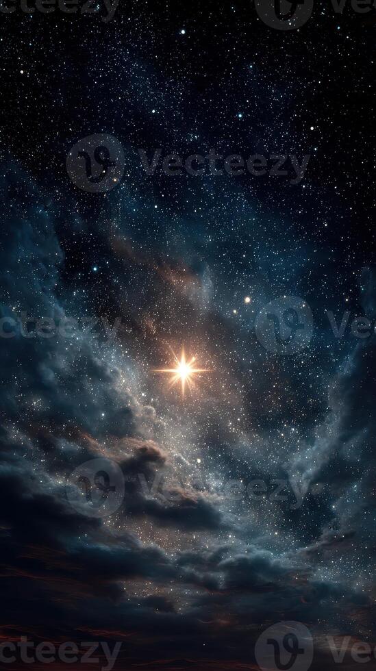 Starlit night sky with bright celestial body shining above swirling clouds in a vast expanse of the universe photo
