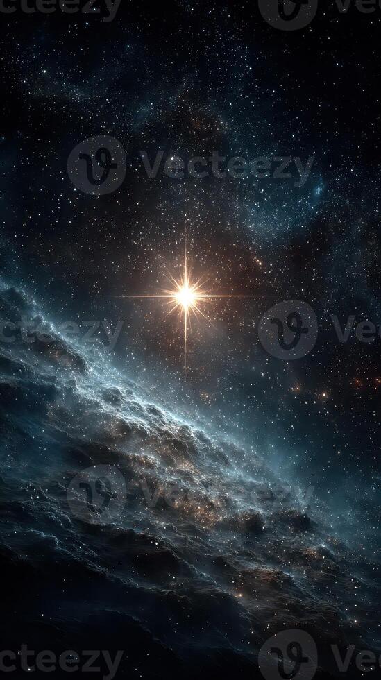 Bright celestial star shines over dark cosmic landscape filled with sparkling stars and nebulae photo