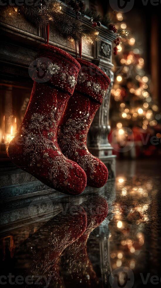 Cozy Christmas stockings hang by the fireplace with a decorated tree glowing softly in the background photo