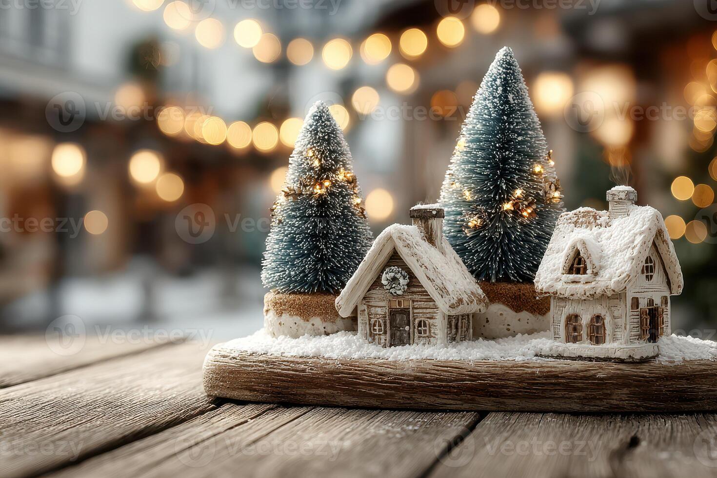 Winter decorative village with snow-covered houses and lighted trees in a festive setting photo