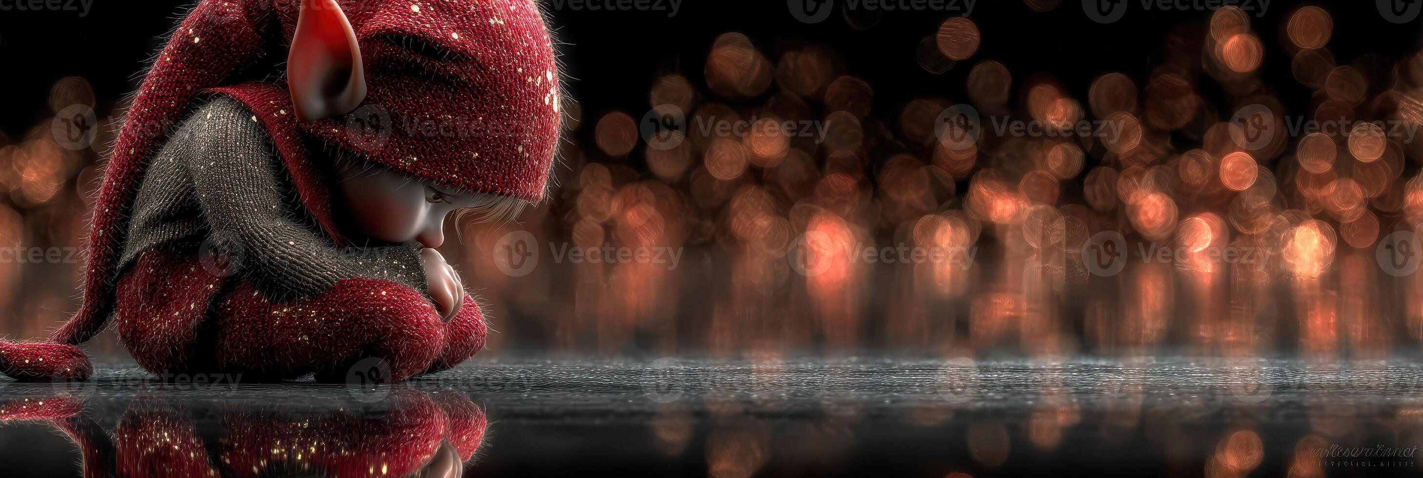 Little elf sitting quietly on a reflective surface, surrounded by warm glowing lights during winter evening photo