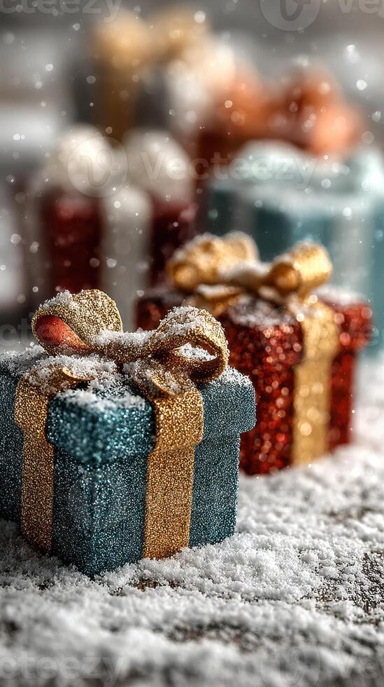 Glittering holiday gifts covered in snow create a festive atmosphere in a winter setting photo