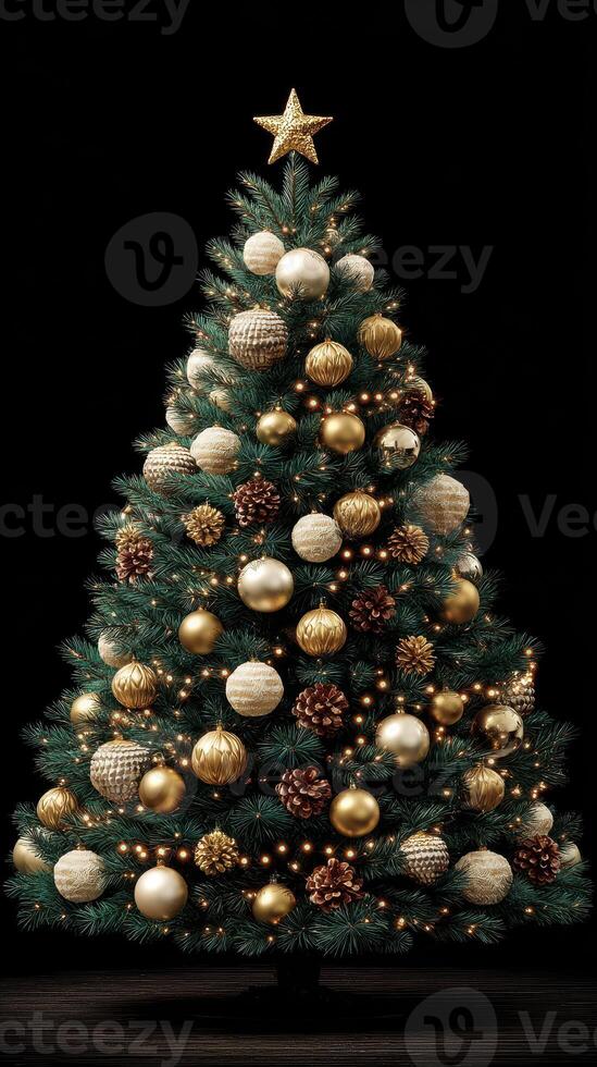 Elegant Christmas tree adorned with golden ornaments and warm lights in a dark setting photo