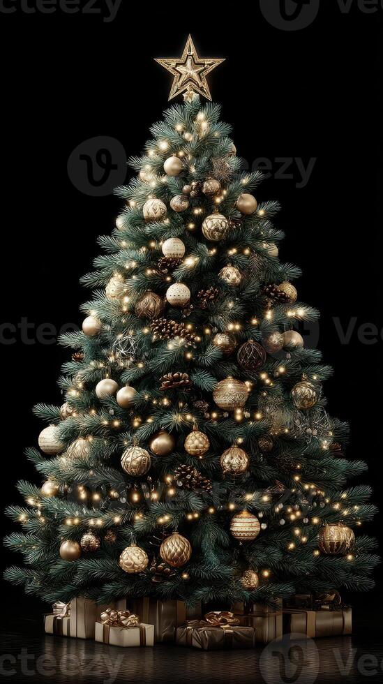 Elegant Christmas tree adorned with golden ornaments and warm lights ready for the festive season photo