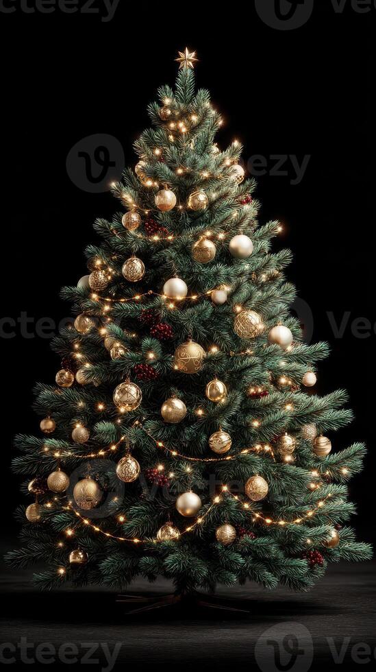Beautifully decorated Christmas tree with golden ornaments and warm lights against a dark background photo