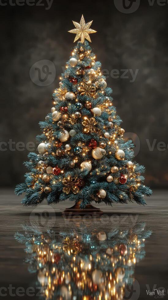 Beautifully decorated Christmas tree with shimmering lights and ornaments in cozy indoor setting during holiday season photo