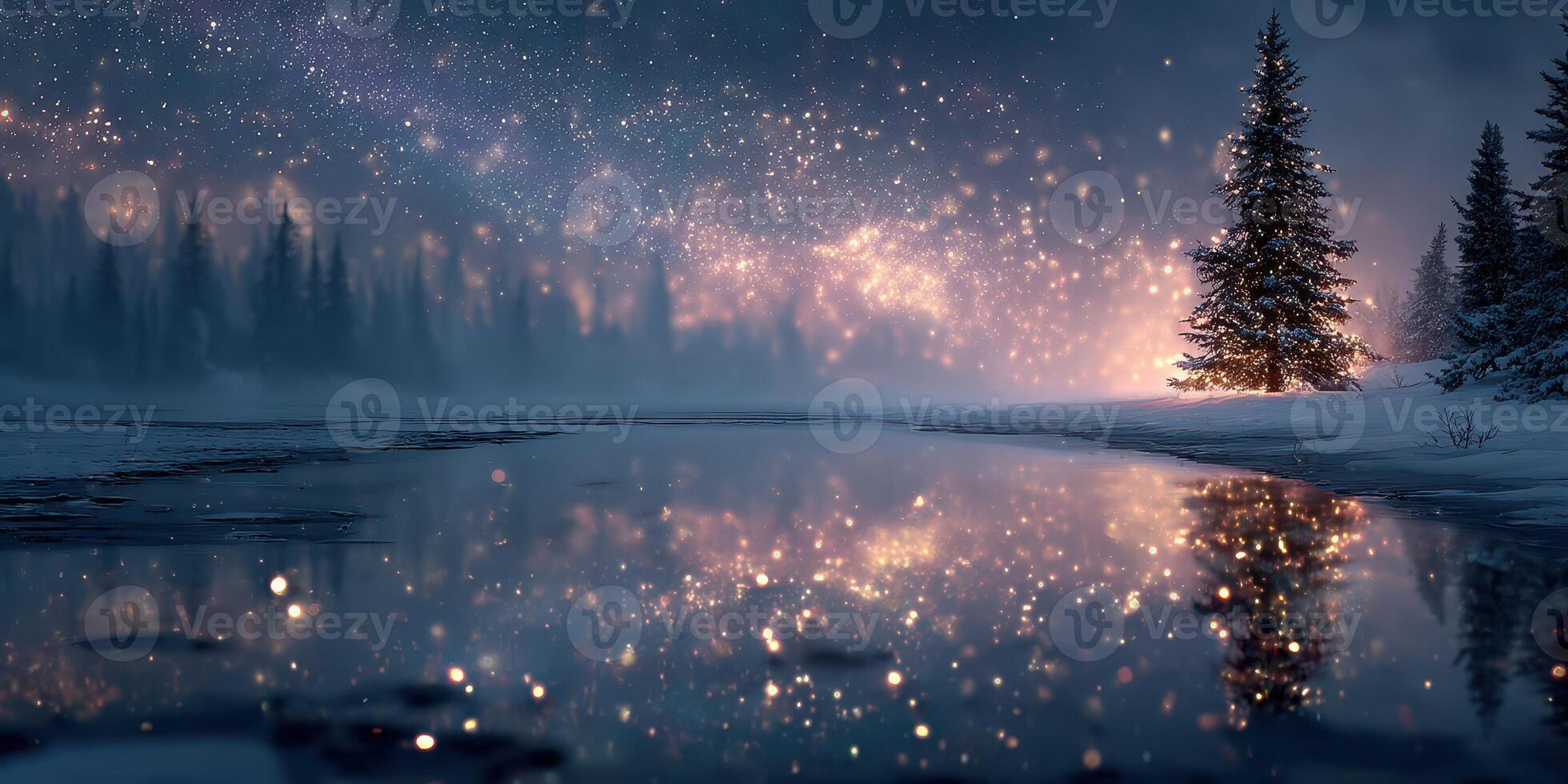 Winter landscape with a starry night sky reflecting on a tranquil river photo