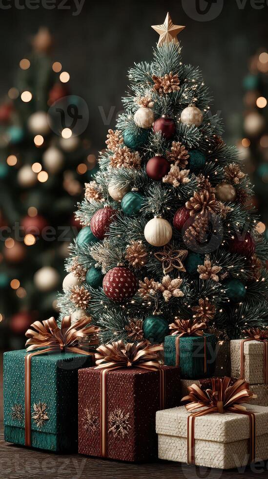 Decorated Christmas tree with gifts in a cozy setting, perfect for holiday celebrations and joyful gatherings photo