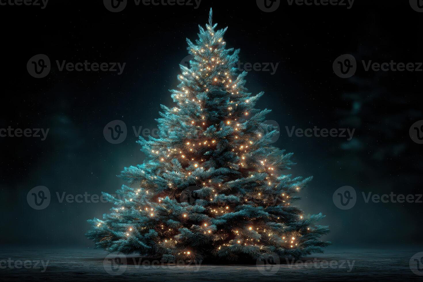 Festive Christmas tree illuminated with warm lights in a dark setting, creating a cozy holiday atmosphere photo