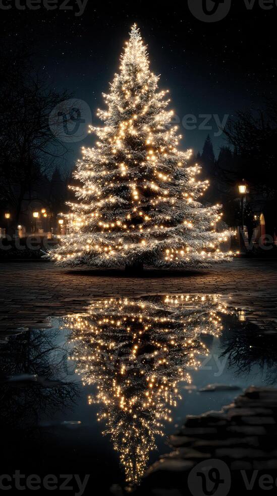 Beautifully illuminated Christmas tree with reflections in puddle during a winter night photo